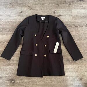 Elegant Black Double-Breasted Blazer with Gold Accents